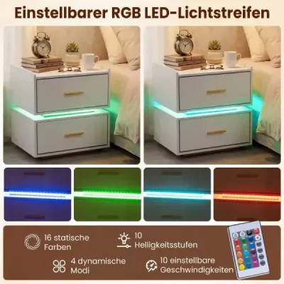 Noční stolek s nabíjecí stanicí a LED osvětlením, 2 zásuvky, moderní, částečně zavěšený, kovová podnož, bílý