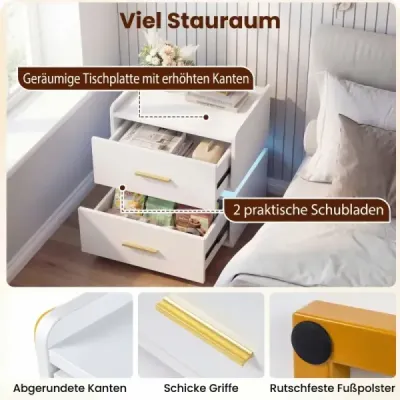 Noční stolek s nabíjecí stanicí a LED osvětlením, 2 zásuvky, moderní, částečně zavěšený, kovová podnož, bílý