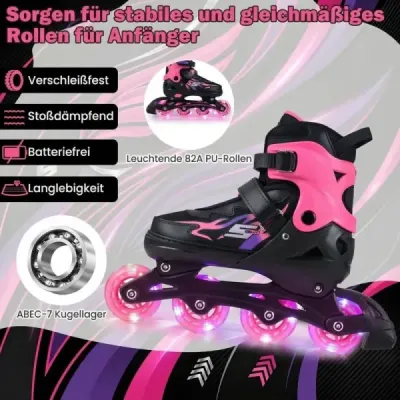 Dětské inline brusle, věk 7-9 let, nastavitelné ve 4 směrech, svítící kolečka použití uvnitř i venku, pro začátečníky, růžové