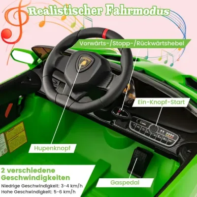 Dětské elektrické auto Lamborghini s dálkovým ovládáním, LED světlomety, klaksonem a hudbou - zelené