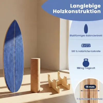 Balanční deska, dřevěný korkový stojan na válečky pro svaly středu těla, skateboard, hokej, snowboard, surfování, trénink, modrá