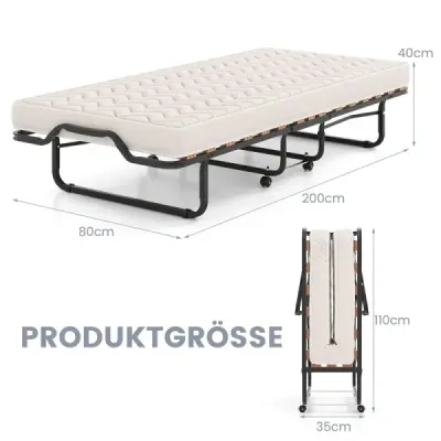 Skládací postel 80x200 cm s matrací z paměťové pěny s kolečky pro hosty, italský styl, černá
