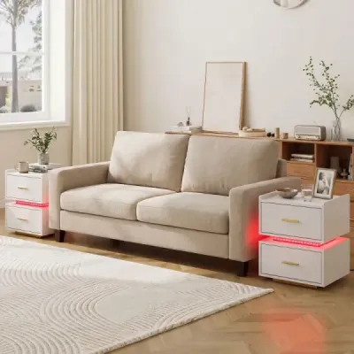 Sada 2 nočních stolků s nabíjecí stanicí, LED osvětlení, 2 zásuvky, moderní, částečně plovoucí, bílá