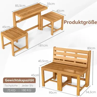 Sada zahradního nábytku 3 v 1, akáciové dřevo, přestavitelná na zahradu, veranda, přírodní