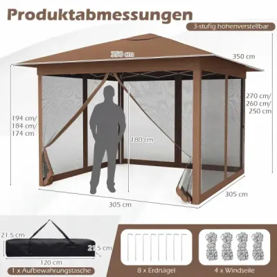 Pavilion 3,5x3,5m, výškově nastavitelná, jedním tlačítkem, s moskytiérou, dvojitá střešní taška na zahradu, kempování, hnědá