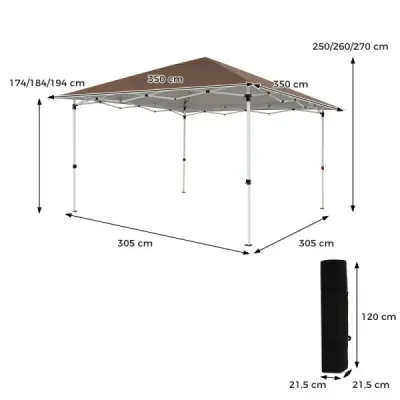 Zahradní pavilon 3,5x3,5m, výškově nastavitelný, výsuvný, s lany, kolíky a taškou do zahrady a na terasu, hnědý