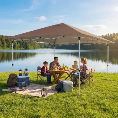 Zahradní pavilon 3,5x3,5m, výškově nastavitelný, výsuvný, s lany, kolíky a taškou do zahrady a na terasu, hnědý