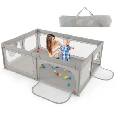 Dětská ohrádka s 50 míčky, 2 dvířky a prodyšnou síťovinou, 205 x 147 cm, šedá