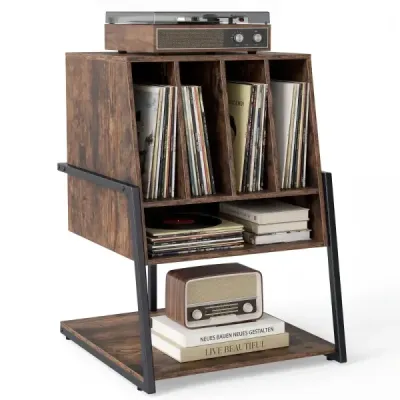 Stojan na gramofon s širokou deskou a 4 přepážkami, stolek na vinylové desky, hnědý