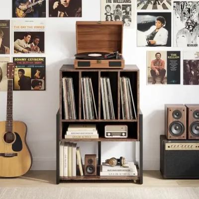 Stojan na gramofon s širokou deskou a 4 přepážkami, stolek na vinylové desky, hnědý