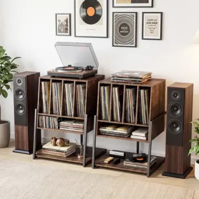 Stojan na gramofon s širokou deskou a 4 přepážkami, stolek na vinylové desky, hnědý