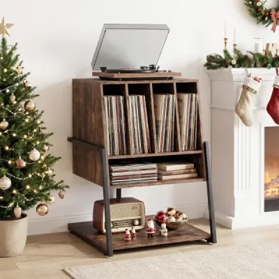Stojan na gramofon s širokou deskou a 4 přepážkami, stolek na vinylové desky, hnědý