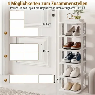 6patrový stohovatelný botník, vertikální organizér na boty, volně stojící botník (bílý)