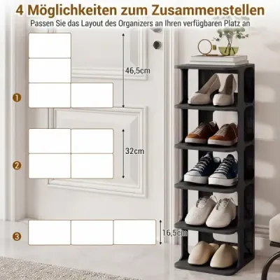 6patrový stohovatelný botník, vertikální organizér na boty, volně stojící botník (černý)