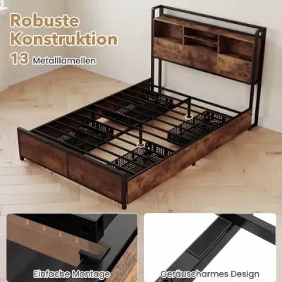 Rám postele s LED osvětlením a nabíjecí stanicí, industriální postel s úložným prostorem, 200 x 140 cm, rustikálně hnědá