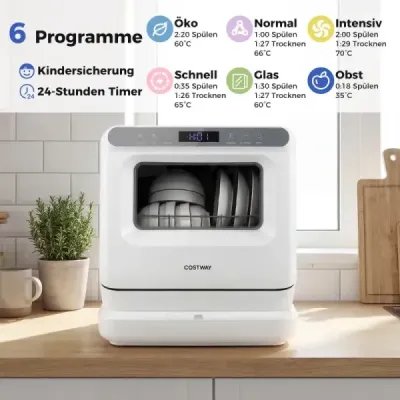 Stolní myčka nádobí s nádrží na vodu 8,25 l, 6 programů, bílá