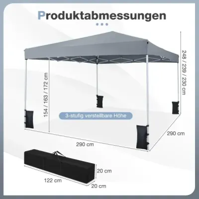 Skládací pavilon 290 x 290 cm, výškově nastavitelný, s příslušenstvím pro kempování a pláž, šedý
