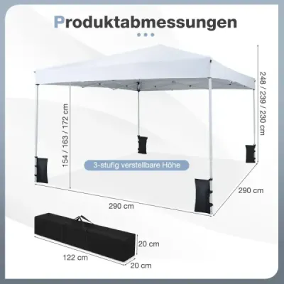 Skládací pavilon 290 x 290 cm, výškově nastavitelný, s příslušenstvím pro kempování a pláž, bílý
