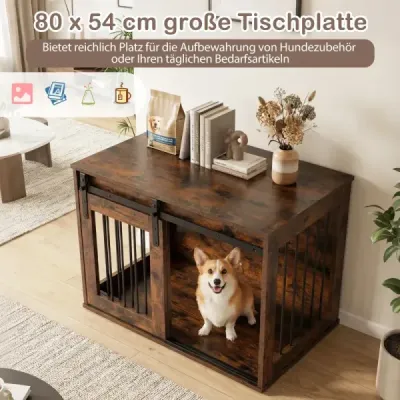 80 cm odolná psí klec ve stylu stodoly s posuvnými dveřmi, nábytek do psí klece, odkládací stolek, hnědá