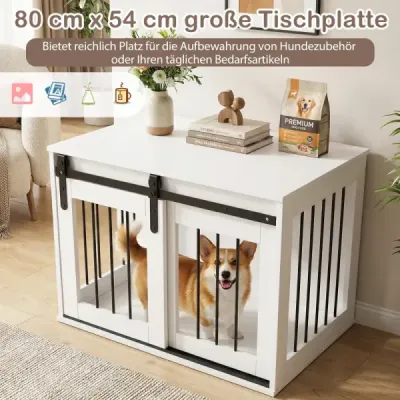 80 cm odolná psí klec ve stylu stodoly s posuvnými dveřmi, nábytek do psí klece, odkládací stolek, bílá
