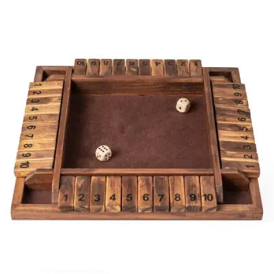 Hra Shut The Box pro 2-4 hráče, kostková hra se 2 kostkami a pevným borovicovým dřevem, hra s klapkami, hnědá