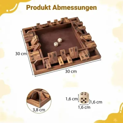 Hra Shut The Box pro 2-4 hráče, kostková hra se 2 kostkami a pevným borovicovým dřevem, hra s klapkami, hnědá