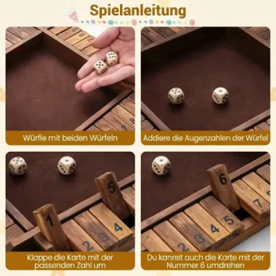 Hra Shut The Box pro 2-4 hráče, kostková hra se 2 kostkami a pevným borovicovým dřevem, hra s klapkami, hnědá
