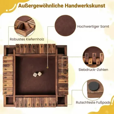 Hra Shut The Box pro 2-4 hráče, kostková hra se 2 kostkami a pevným borovicovým dřevem, hra s klapkami, hnědá