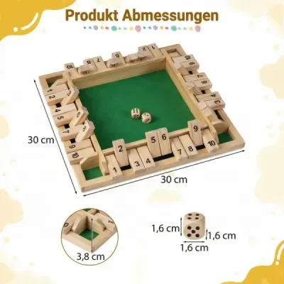 Hra Shut The Box pro 2-4 hráče, kostková hra se 2 kostkami a robustní klapkou z borovicového dřeva, přírodní