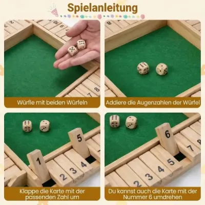 Hra Shut The Box pro 2-4 hráče, kostková hra se 2 kostkami a robustní klapkou z borovicového dřeva, přírodní