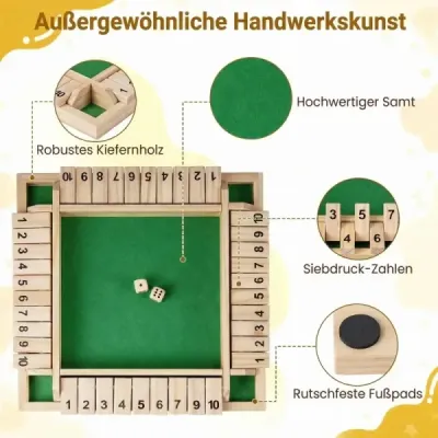 Hra Shut The Box pro 2-4 hráče, kostková hra se 2 kostkami a robustní klapkou z borovicového dřeva, přírodní