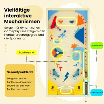 Dřevěný pinballový automat s otočnou tyčí a 3 kuličkami. Dovednostní hra pro děti od 6 let. Barevný.