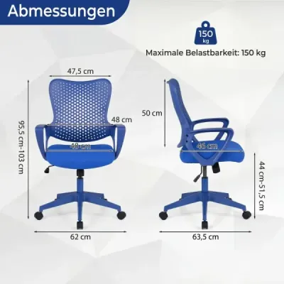 Ergonomická kancelářská židle s prodyšným síťovaným opěradlem, výškově nastavitelná otočná židle, modrá