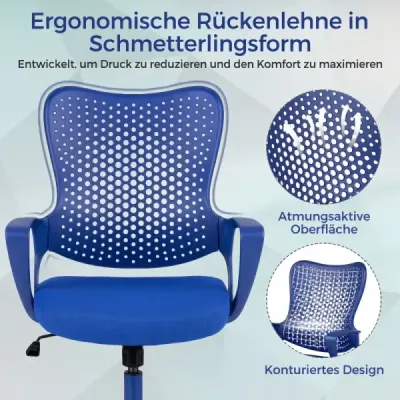 Ergonomická kancelářská židle s prodyšným síťovaným opěradlem, výškově nastavitelná otočná židle, modrá