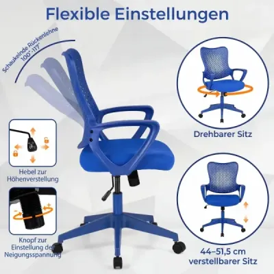 Ergonomická kancelářská židle s prodyšným síťovaným opěradlem, výškově nastavitelná otočná židle, modrá