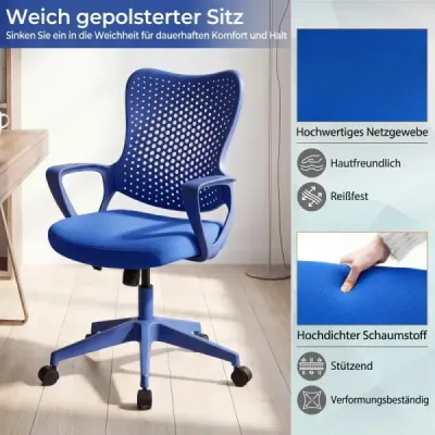 Ergonomická kancelářská židle s prodyšným síťovaným opěradlem, výškově nastavitelná otočná židle, modrá