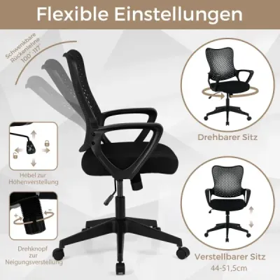 Ergonomická kancelářská židle s prodyšným síťovaným opěradlem, výškově nastavitelná otočná židle, černá