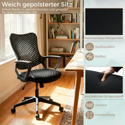 Ergonomická kancelářská židle s prodyšným síťovaným opěradlem, výškově nastavitelná otočná židle, černá