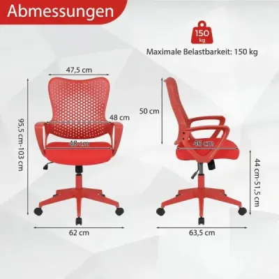 Ergonomická kancelářská židle s prodyšným síťovaným opěradlem, výškově nastavitelná otočná židle, červená