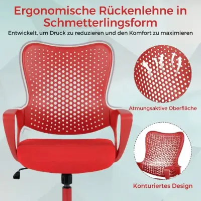 Ergonomická kancelářská židle s prodyšným síťovaným opěradlem, výškově nastavitelná otočná židle, červená