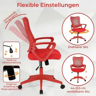 Ergonomická kancelářská židle s prodyšným síťovaným opěradlem, výškově nastavitelná otočná židle, červená