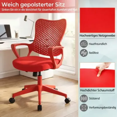 Ergonomická kancelářská židle s prodyšným síťovaným opěradlem, výškově nastavitelná otočná židle, červená
