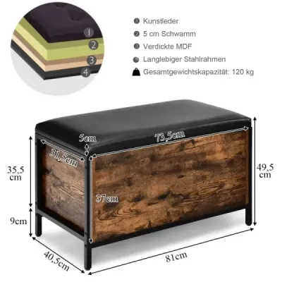 Botník s úložným prostorem a polstrovaným sedákem, úložná truhla, nosnost až 150 kg, rustikálně hnědá.