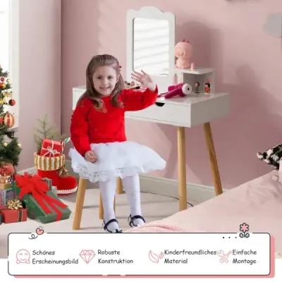 HY10088WH  2 v 1 dětský toaletní stolek, psací stůl a židle se zrcadlem 70 x 37 x 100 cm bílý SKLADEM