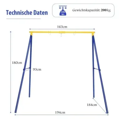 NP10554YE  Robustní kovový houpací rám A-rám zahradní houpačky 194 x 184 x 180 cm Modrá + žlutá SKLADEM