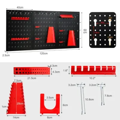 TA10013 Stěna na nářadí s 25 závěsnými doplňky úložný systém sortiment držáků na nářadí 3 děrové desky 120 x 60 cm SKLADEM