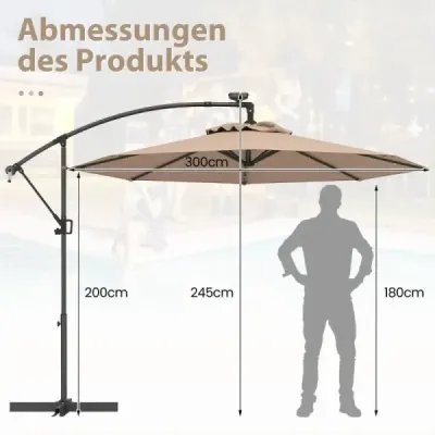 NP11558CF 300 cm slunečník s 32 solárními LED světly a kličkou Zahradní slunečník Parasol hnědý SKLADEM
