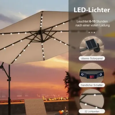 NP11558CF 300 cm slunečník s 32 solárními LED světly a kličkou Zahradní slunečník Parasol hnědý SKLADEM