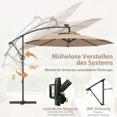 NP11558CF 300 cm slunečník s 32 solárními LED světly a kličkou Zahradní slunečník Parasol hnědý SKLADEM
