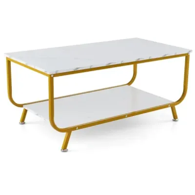 HV10459WH  Mramorový konferenční stolek Obdélníkový konferenční stolek se 2 patry 105 x 55 x 46,5 cm bílý SKLADEM